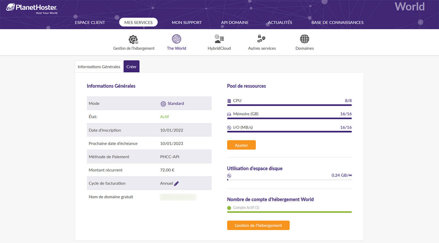 Tableau de bord The World PlanetHoster