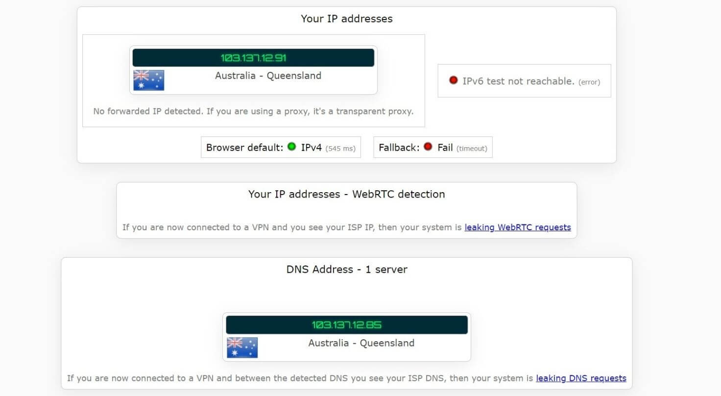 Test d'adresse IP avec IPVanish en Australie