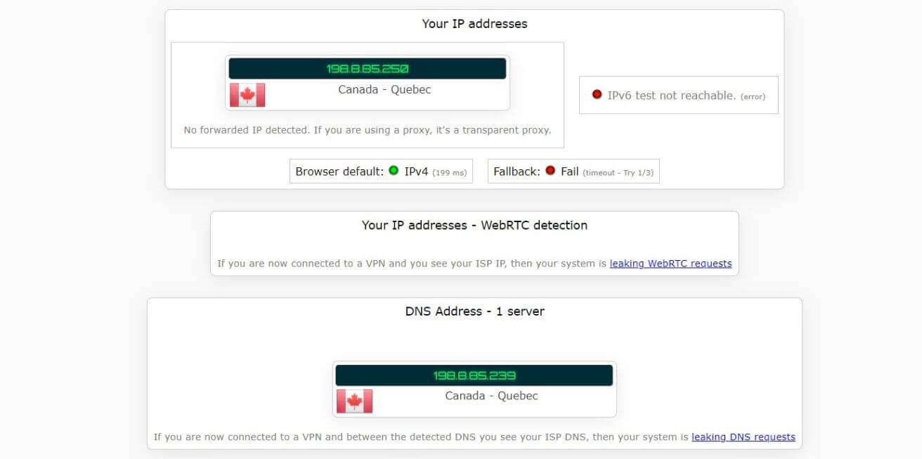 Test d'adresse IP avec Windscribe au Canada