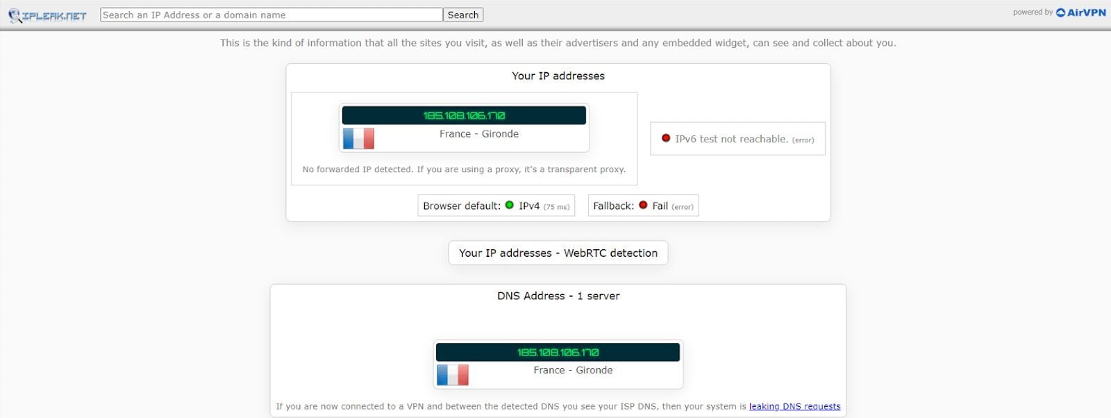 Test adresse IP sans TunnelBear