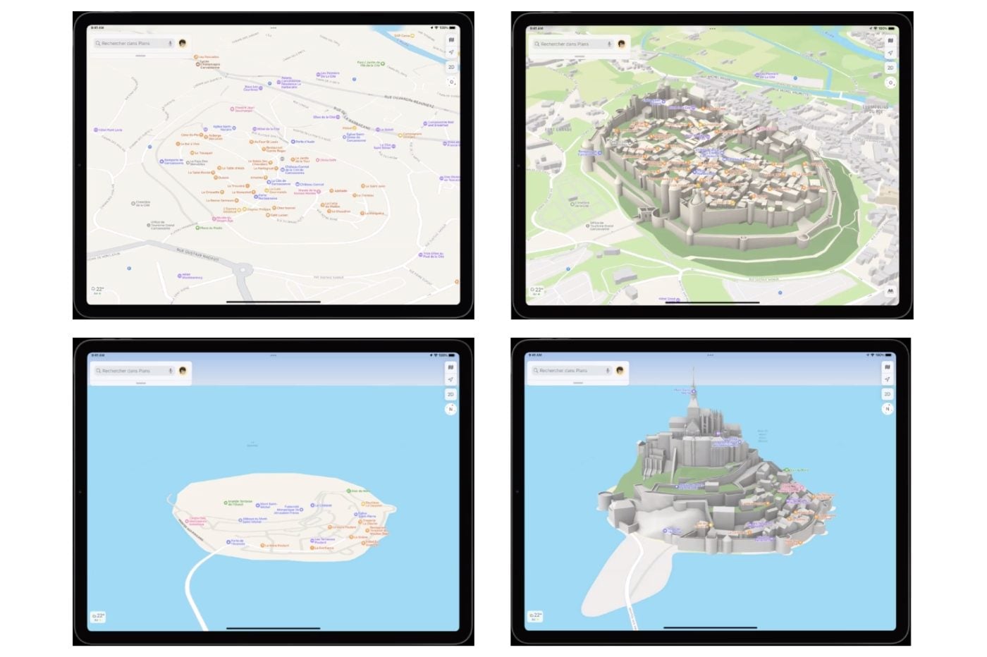 Apple Maps, before and after.  Carcassonne and Mont Saint-Michel.