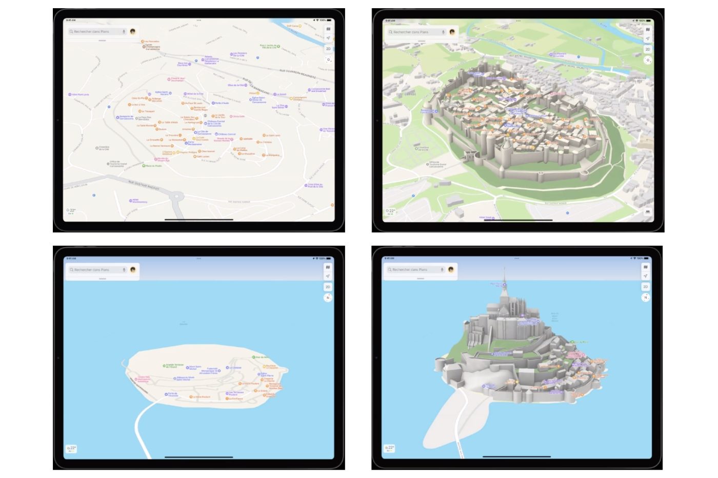 Apple maps, before and after.  Carcassonne and Mont Saint-Michel.