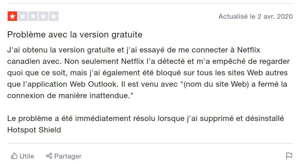 Avis sur Hotspot Shield sur TrustPilot