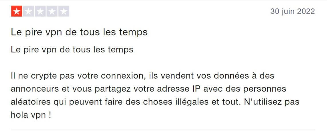 Avis négatif sur Hola VPN sur TrustPilot