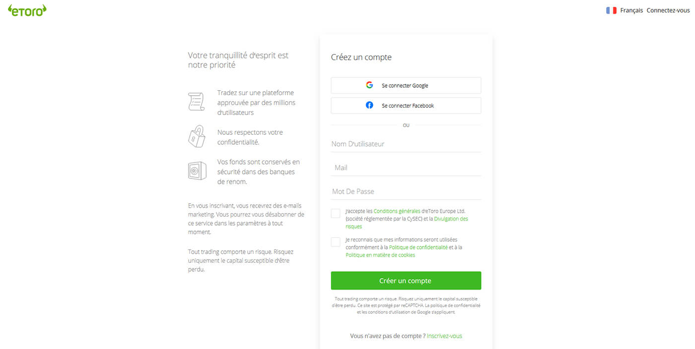 Création compte client eToro