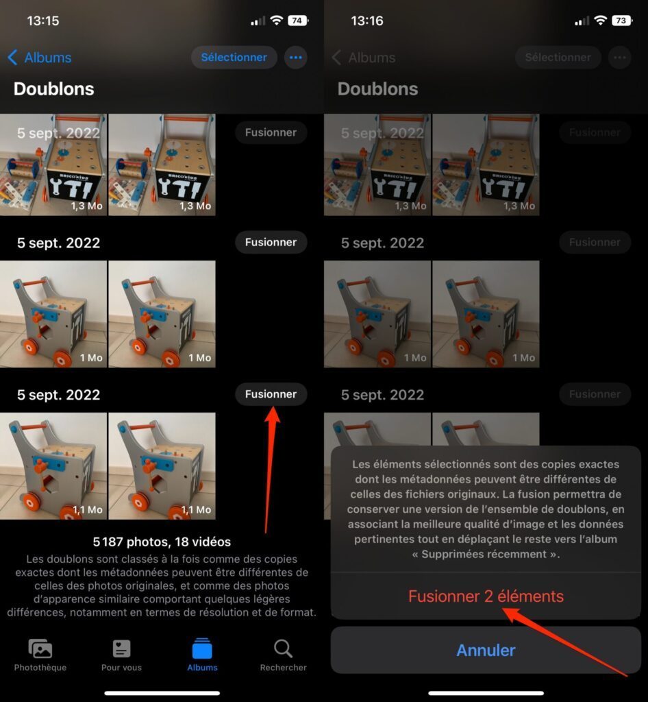iOS 16 fusionner les doublons