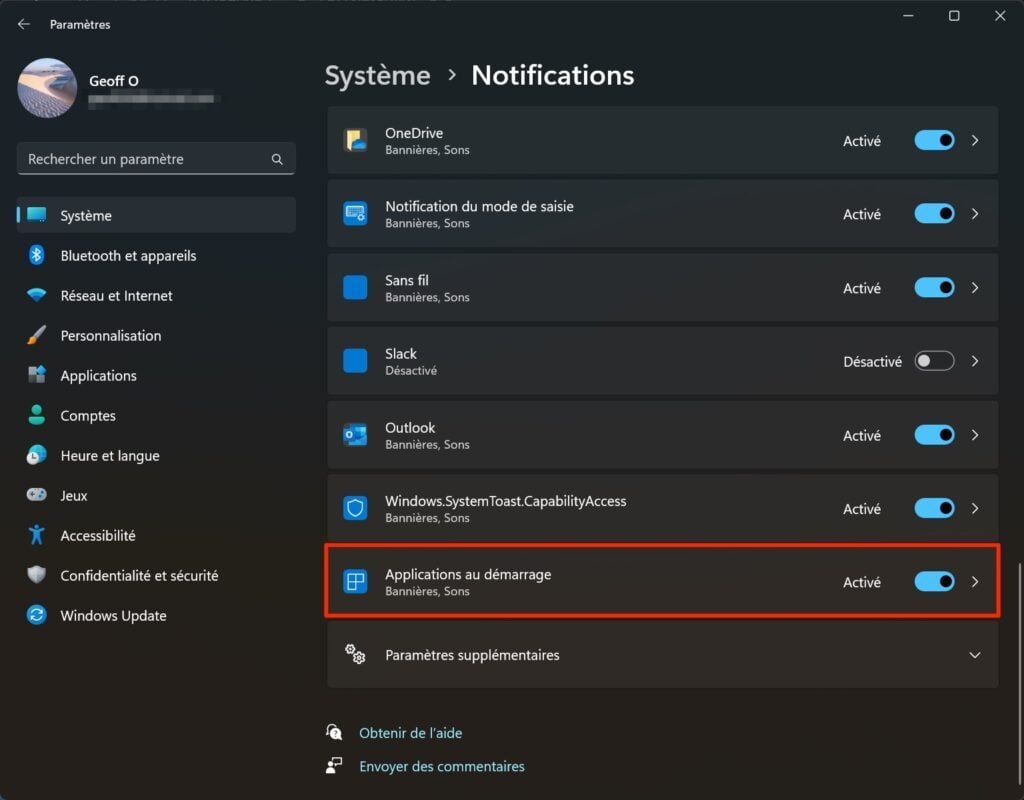 Windows 11 notifications applications démarrage