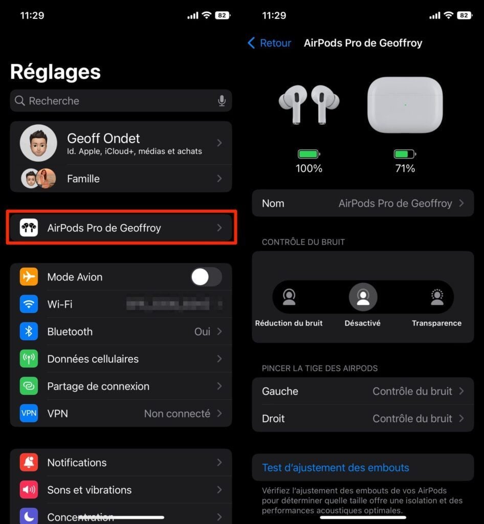 iOS 16 Réglages AirPods