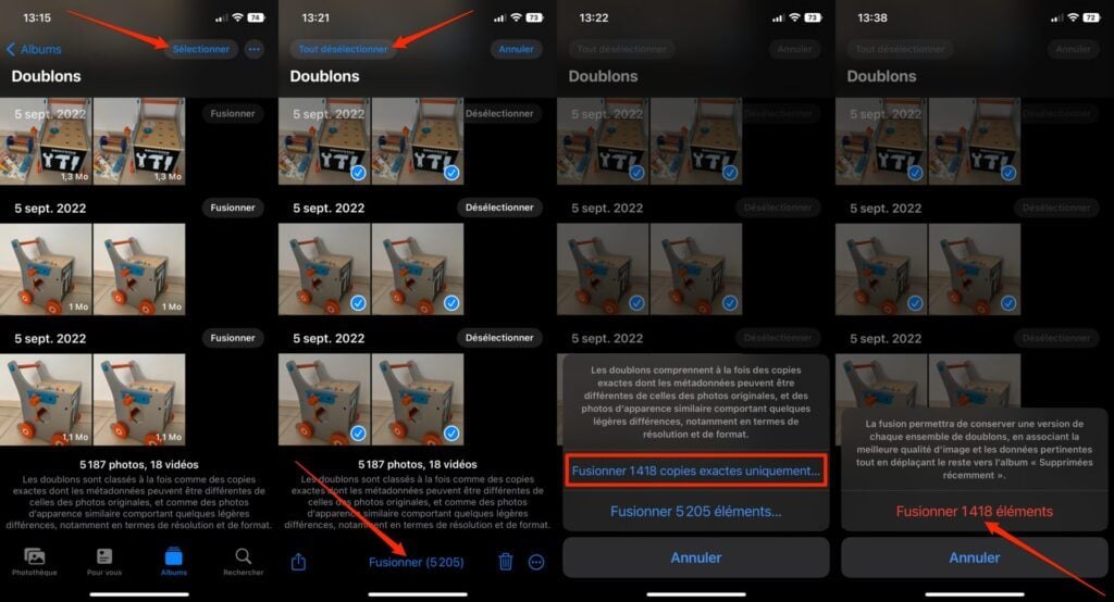 iOS 16 fusionner les doublons