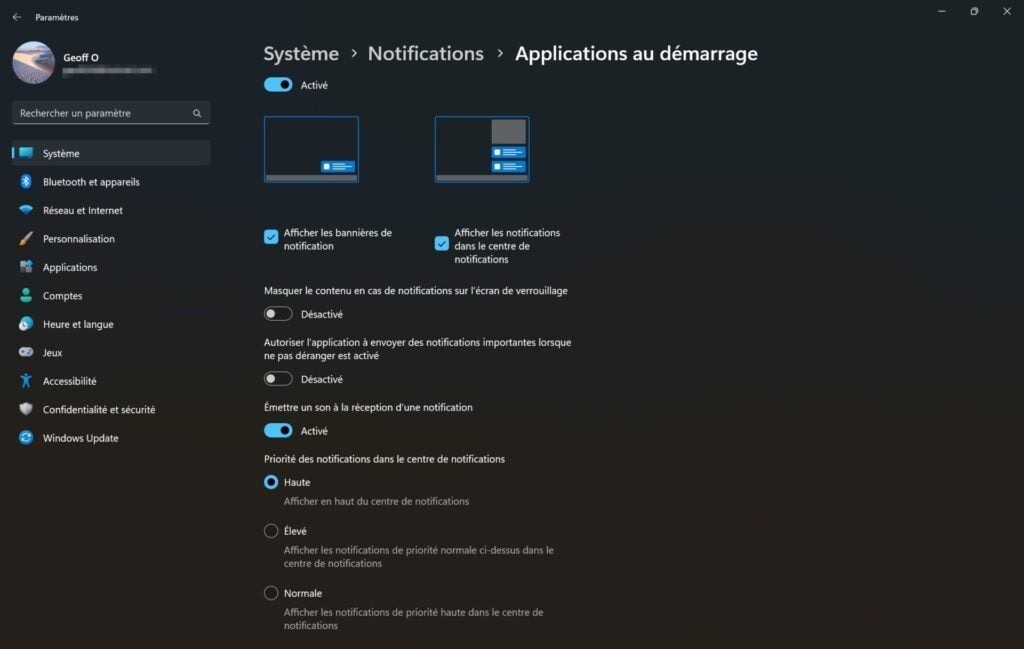 Windows 11 notifications applications démarrage