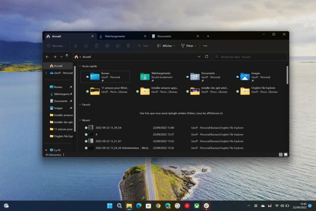 Windows 22H2 onglets file explorer