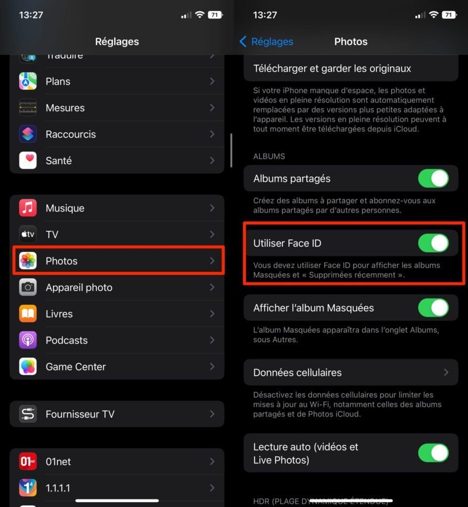 iOS 16 verrouiller album photo masqués avec Face ID