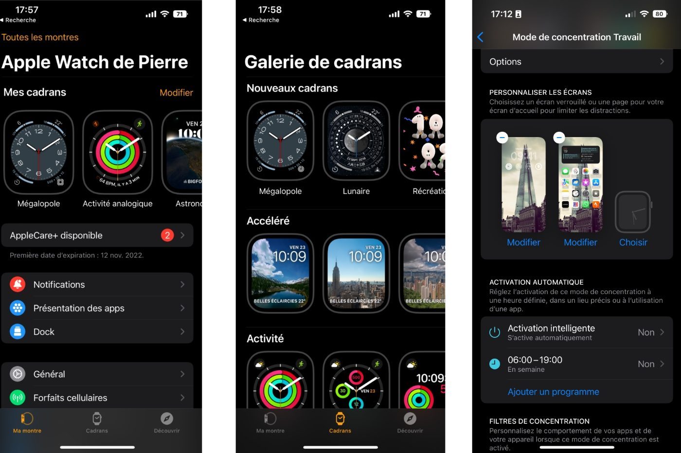 L'appli Watch, dans iOS 16, permet de contrôler tous les réglages de la montre, y compris son comportement en fonction des modes de Concentration.