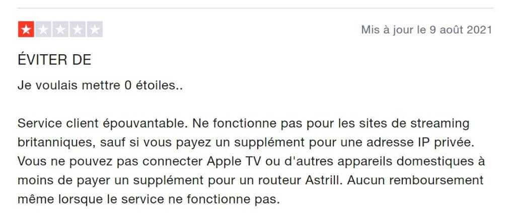 Avis négatif sur Astrill VPN sur TrustPilot