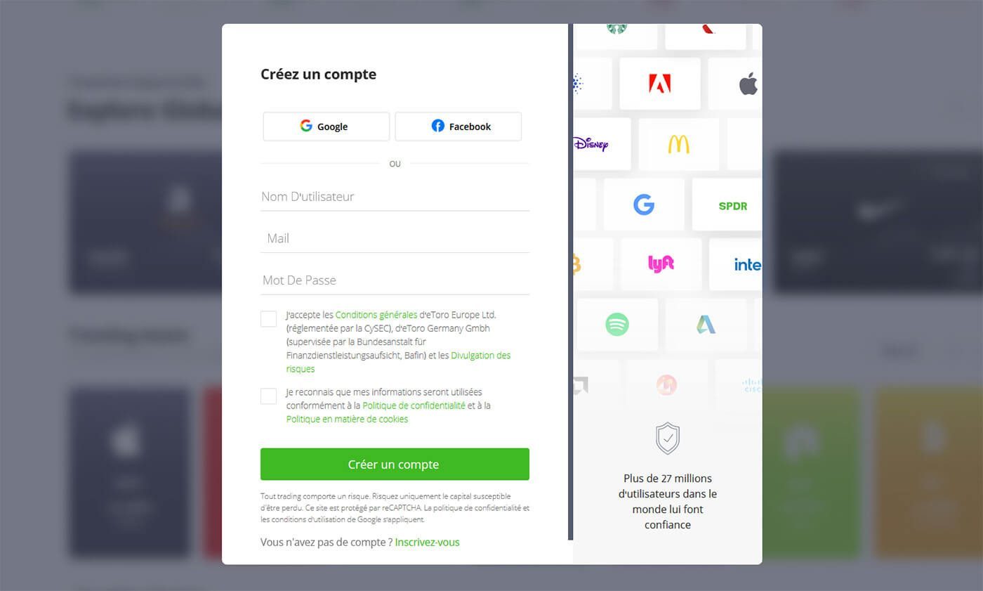 Création compte plateforme eToro