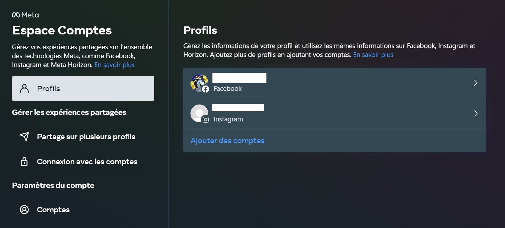 Meta Espace comptes