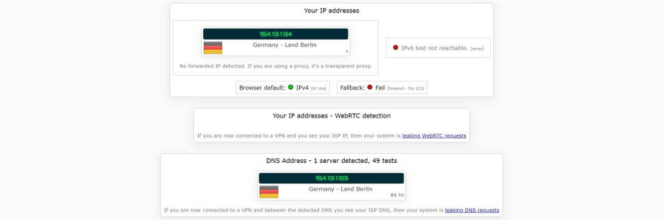 Test d'adresse IP avec PIA en Allemagne