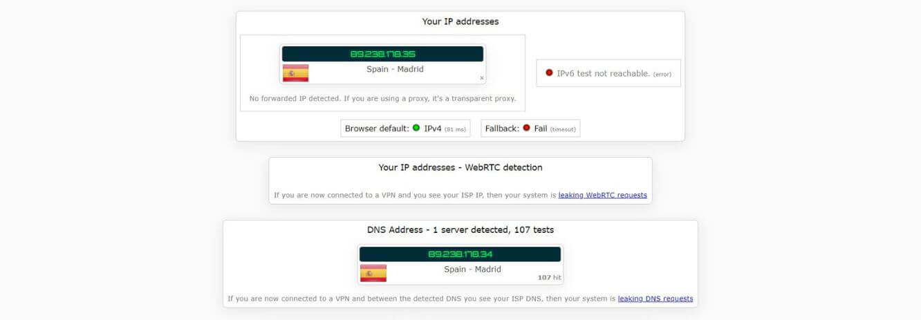 Test d'adresse IP avec Mullvad VPN en Espagne