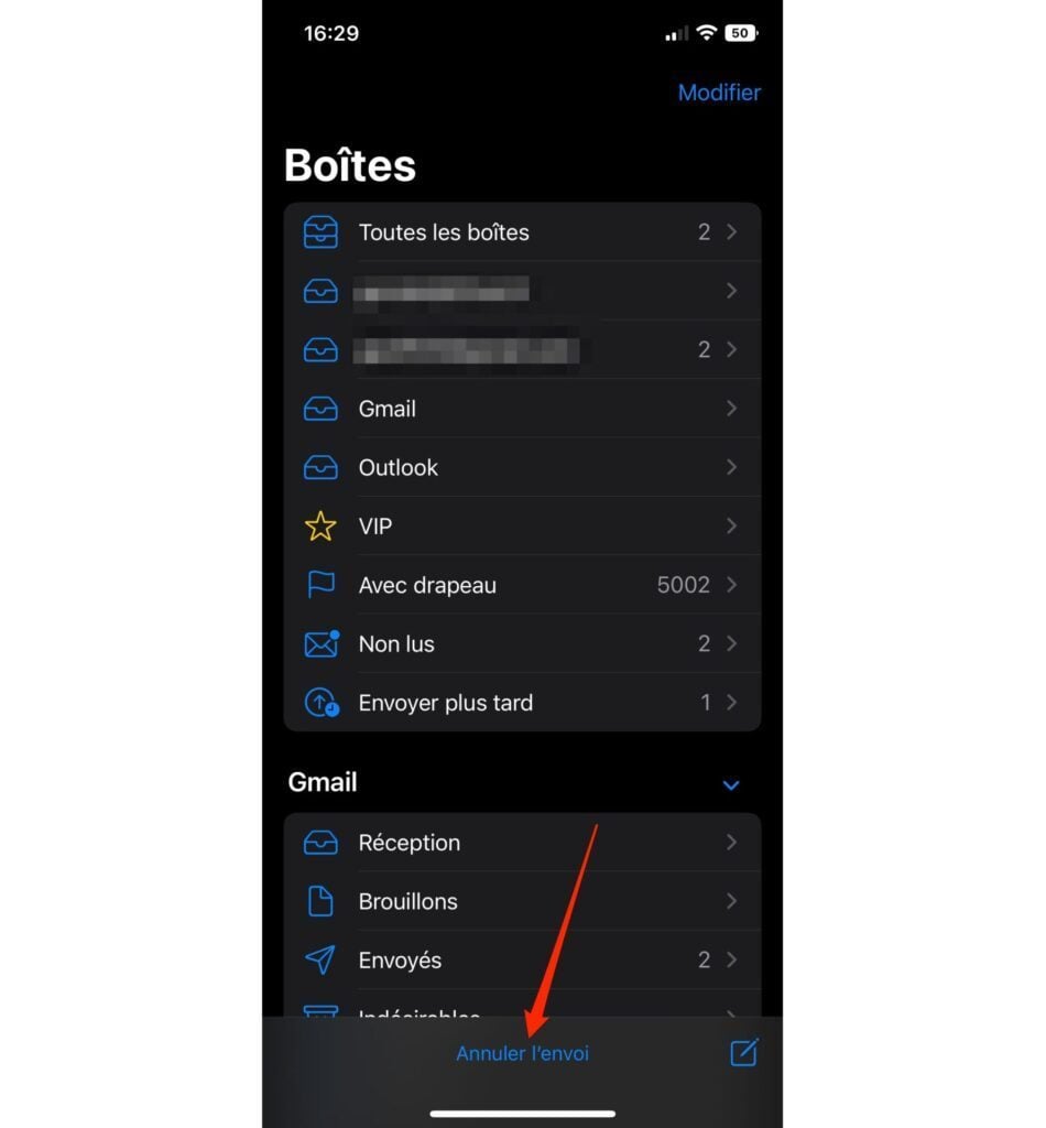 iOS 16 Annuler l'envoi d'un e-mail