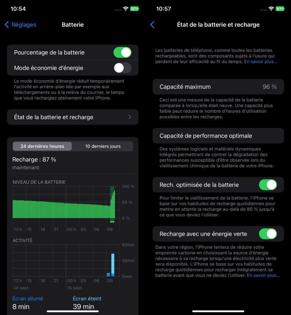 iOS 16.1 pourcentage batterie et énergie verte