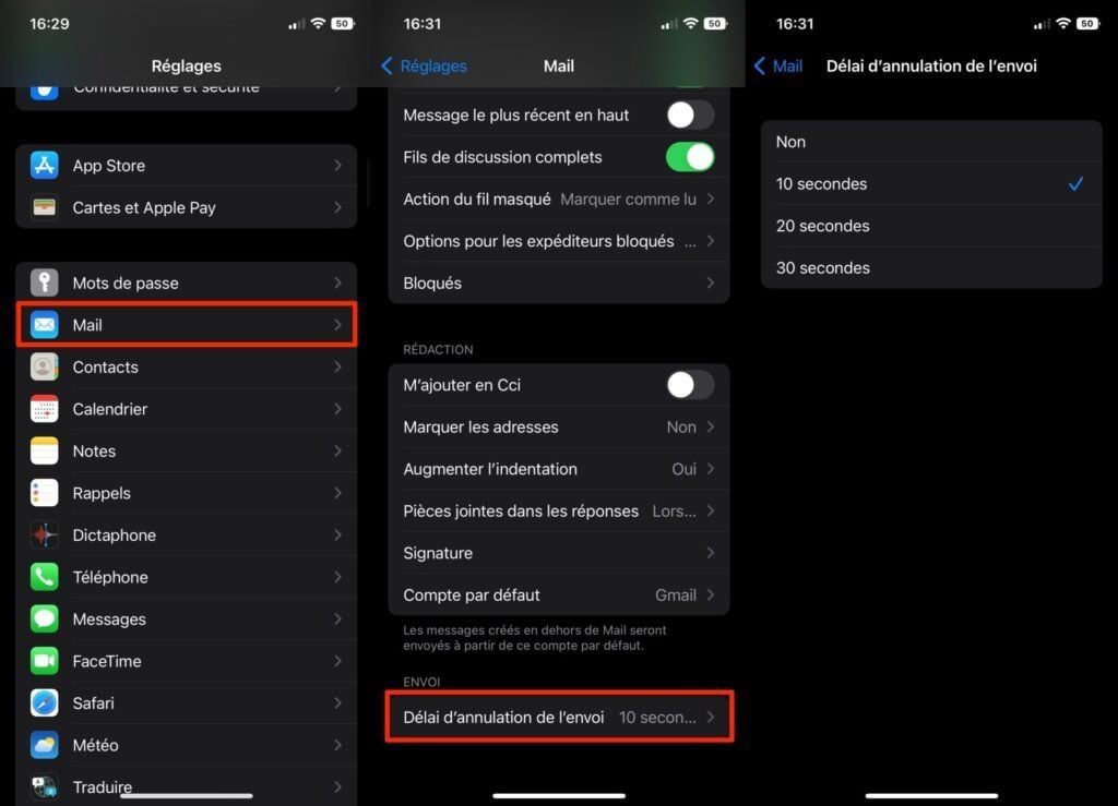 iOS 16 Annuler l'envoi d'un e-mail