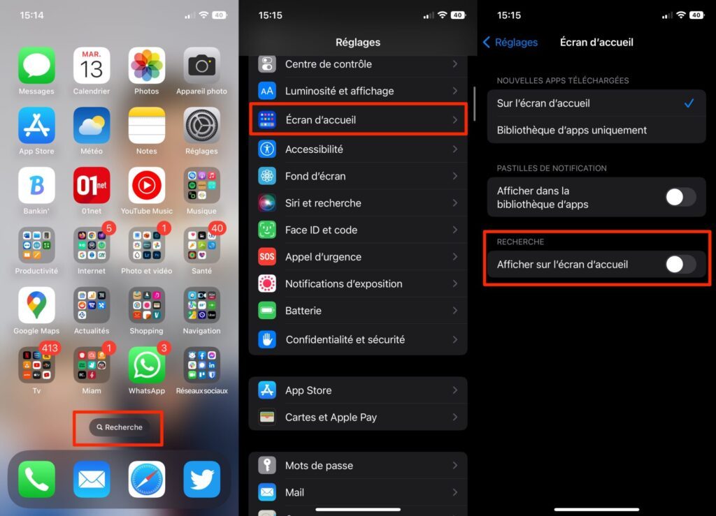 iOS 16 Désactiver spotlight écran d'accueil