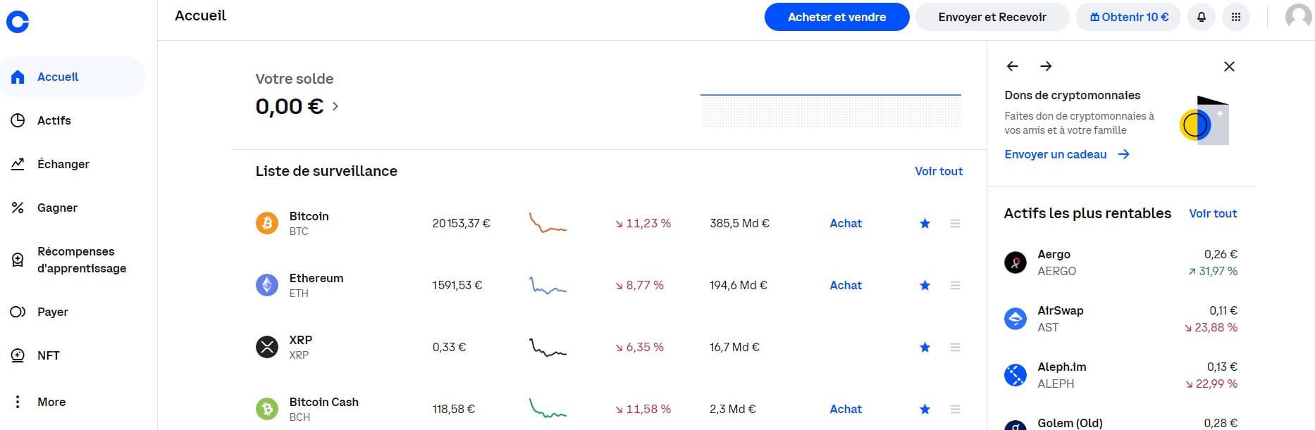 interface accueil coinbase