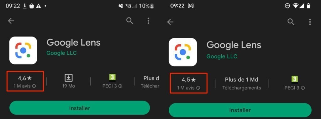 Notes différentes Google Play Store