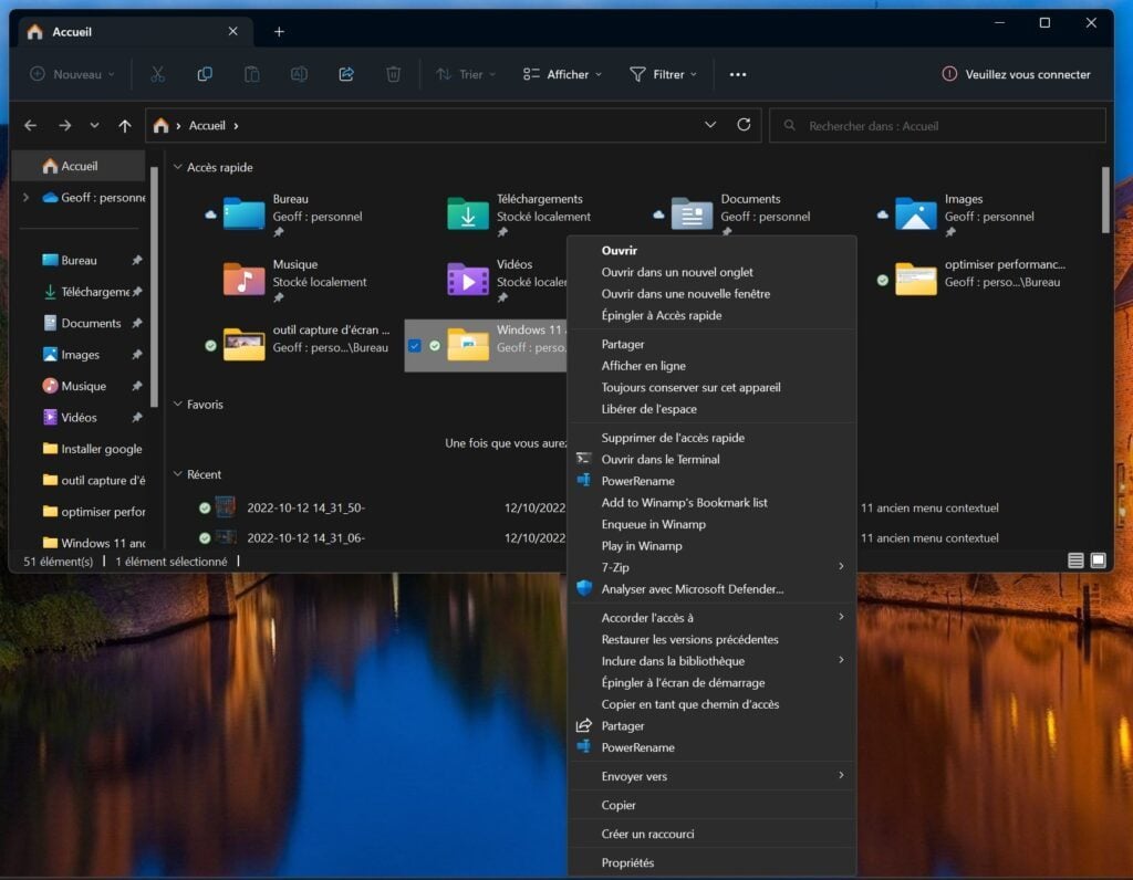 Windows 11 menu contextuel