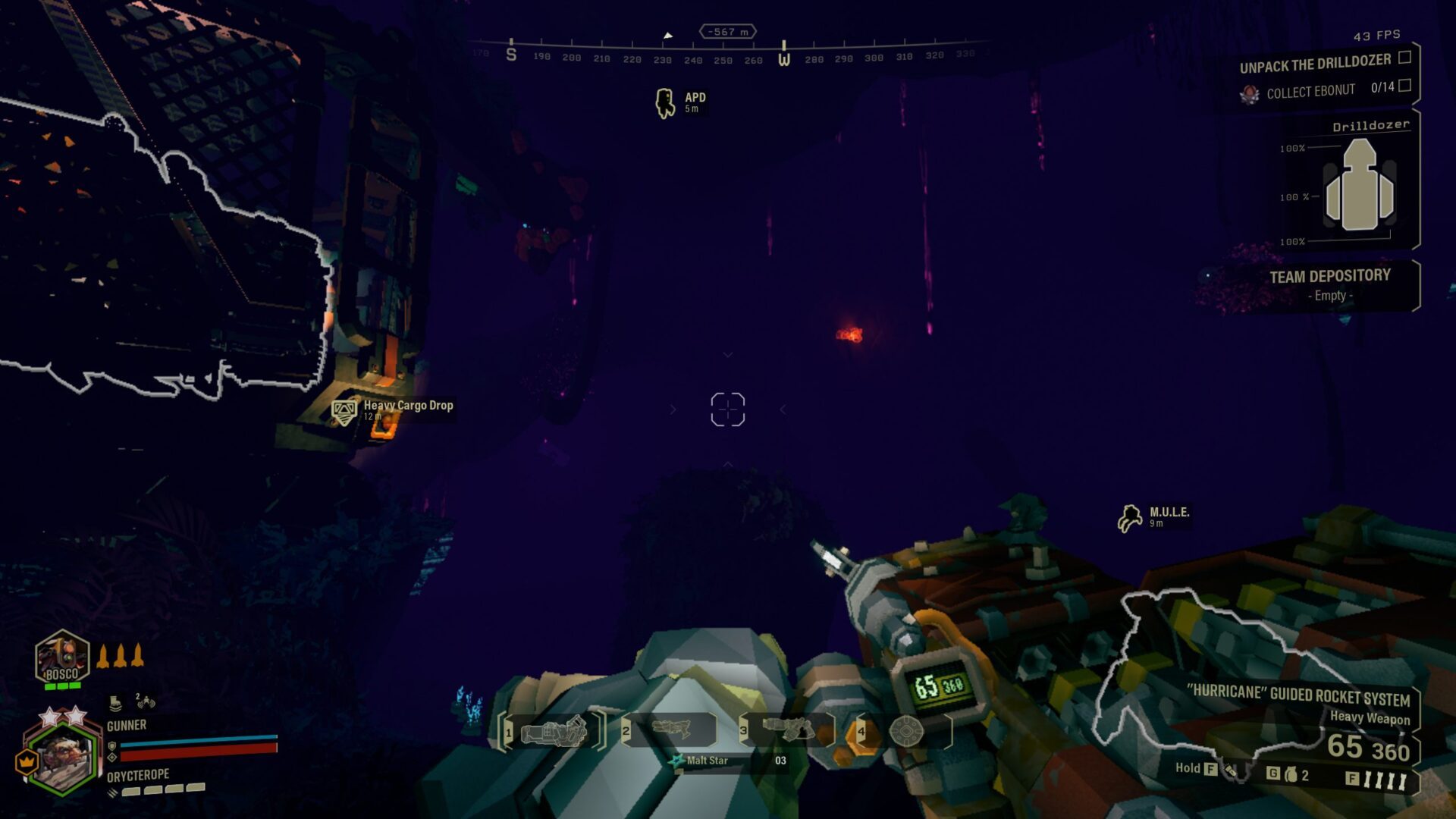 Deep Rock Galactic en définition native (2560 x 1600) mais en niveau de détails bas.