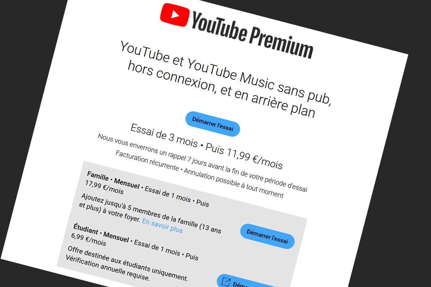 Les tarifs actuels de YouTube Premium en France