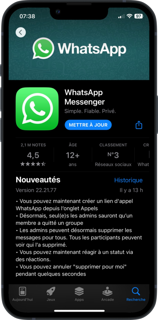 whatsapp mise à jour