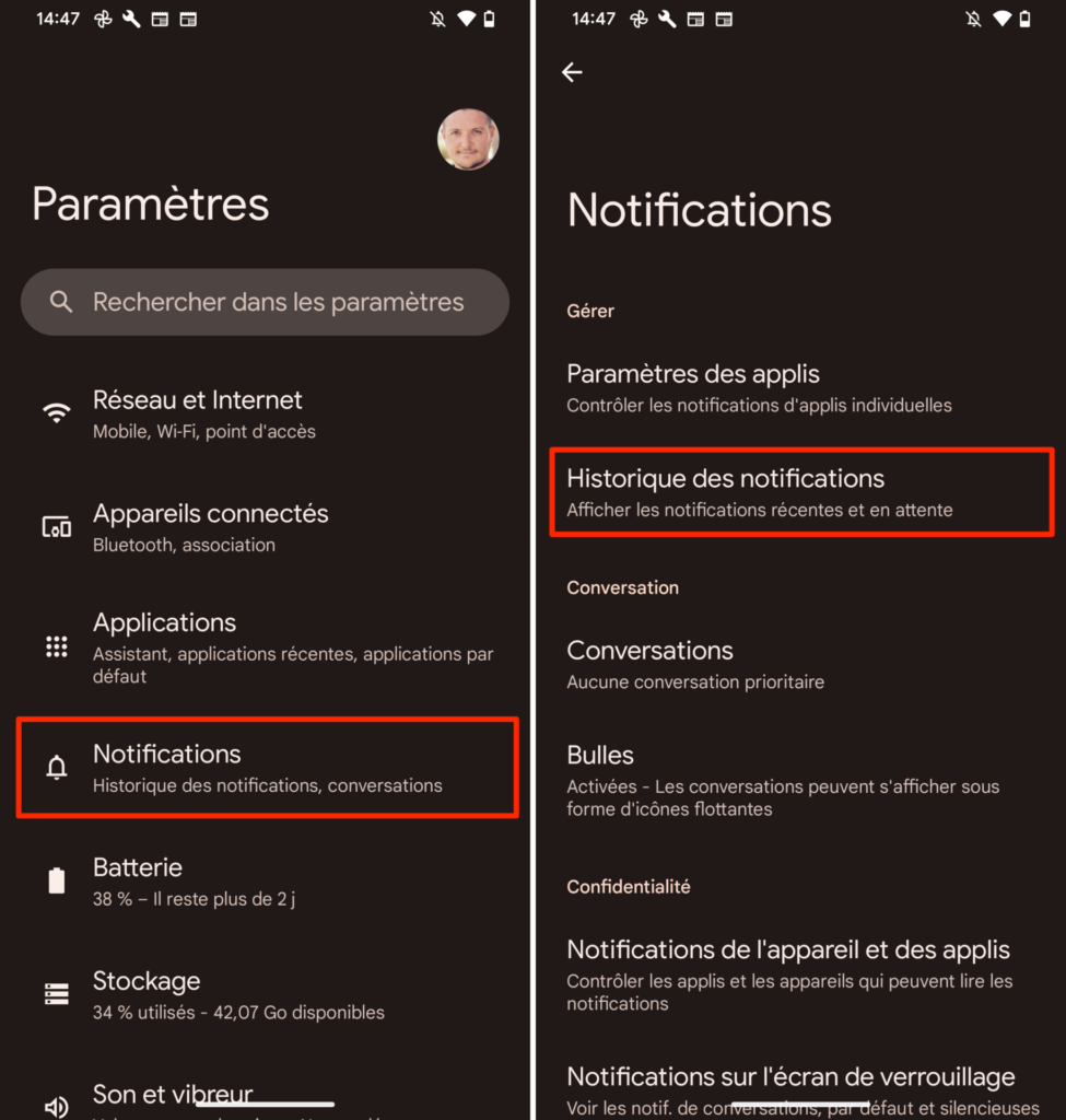 Android historique notifications