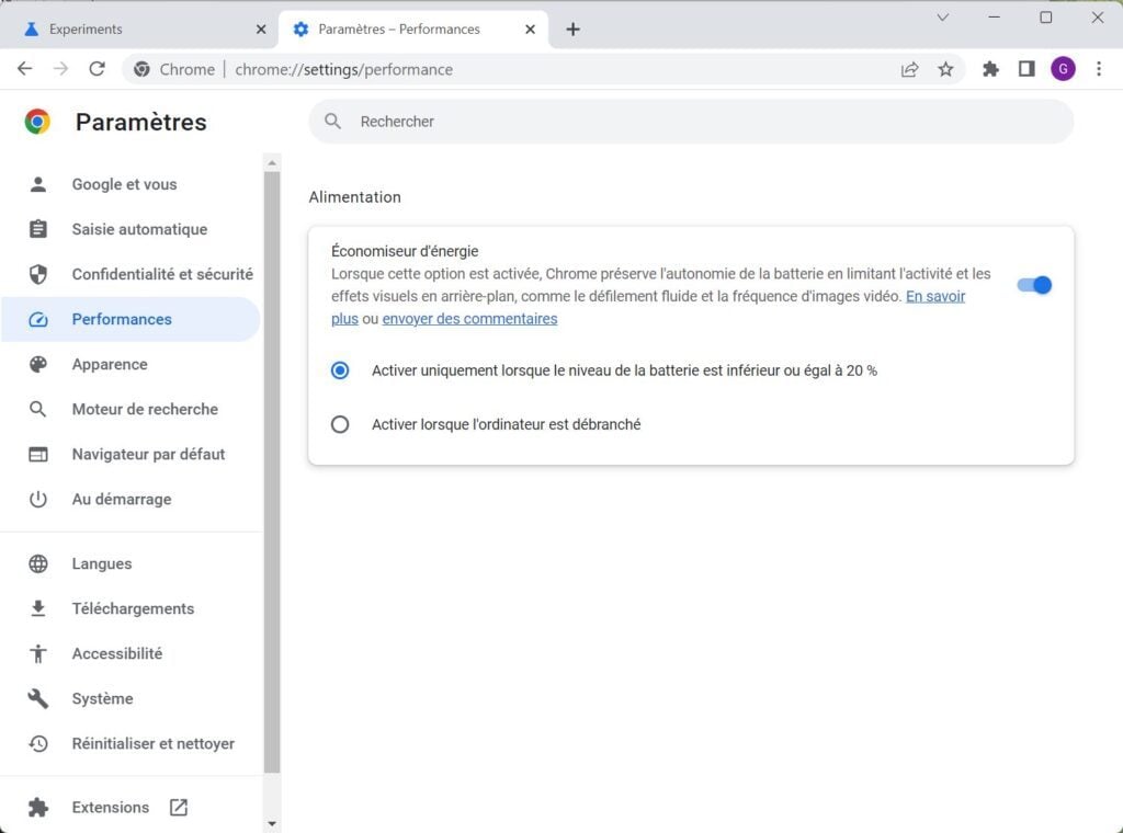 Google Chrome activer le mode économie d’énergie caché 