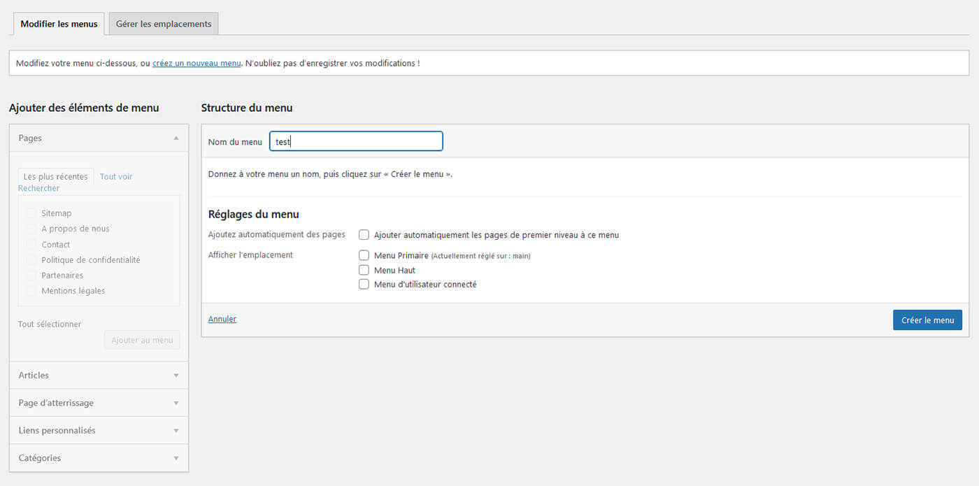 Creation menu WordPress