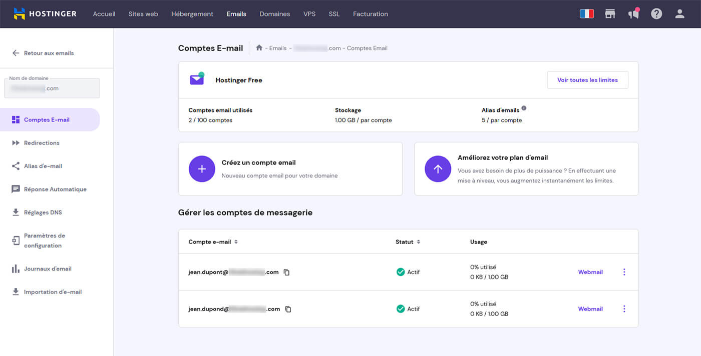 Gestion compte mail professionnel Hostinger