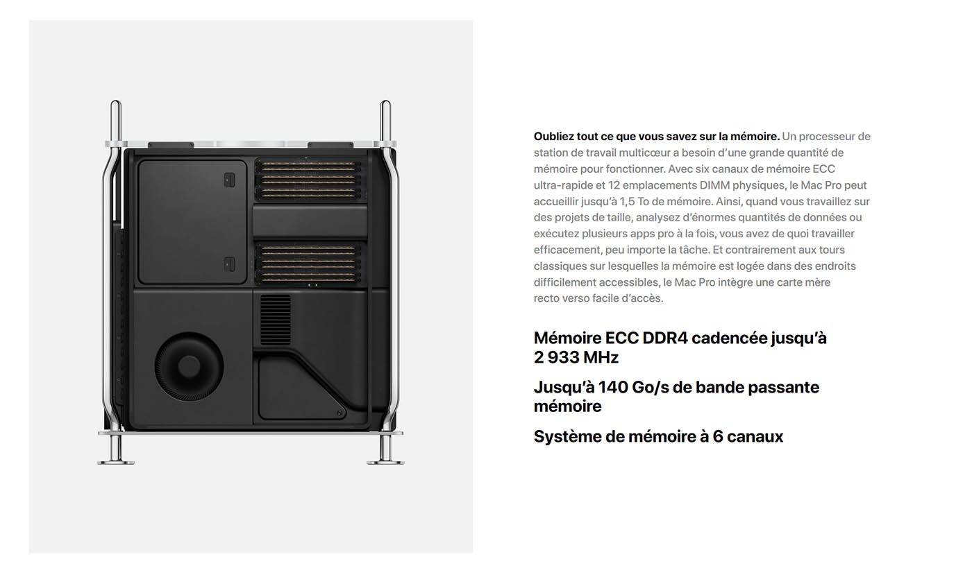 Le Mac Pro Intel (CPU)/AMD (GPU) actuel peut recevoir jusqu'à 12 barrettes de 128 Go de RAM chacune pour un total de 1,5 To. Si les puces Mx d'Apple sont actuellement très efficaces grâce à leur RAM intégrée, certaines applications professionnelles ont besoin d'énormément de RAM. Ce qui pose un souci dans l'approche actuelle d'Apple. © Apple