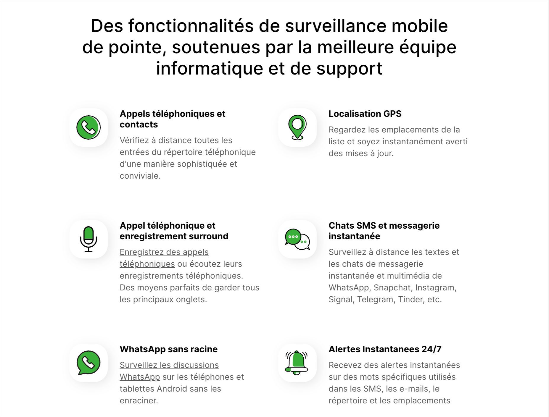 Quelques-unes des fonctionnalités de l'application XNSPY.