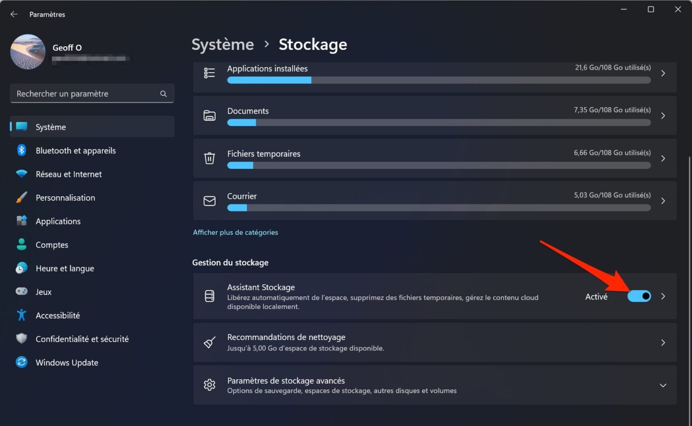 Assistant Stockage Windows 11 