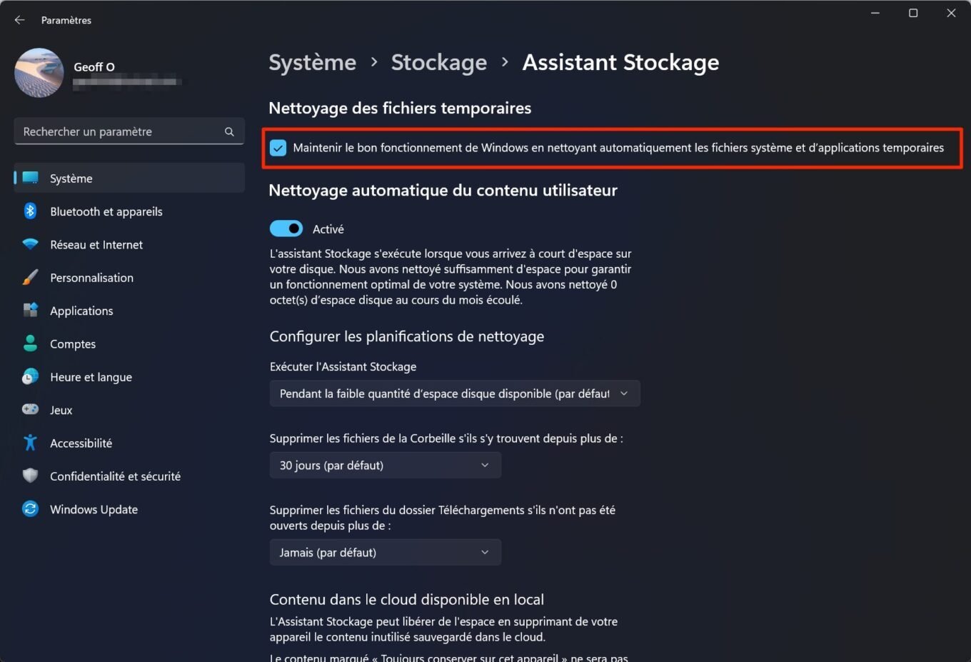 Assistant Stockage Windows 11 