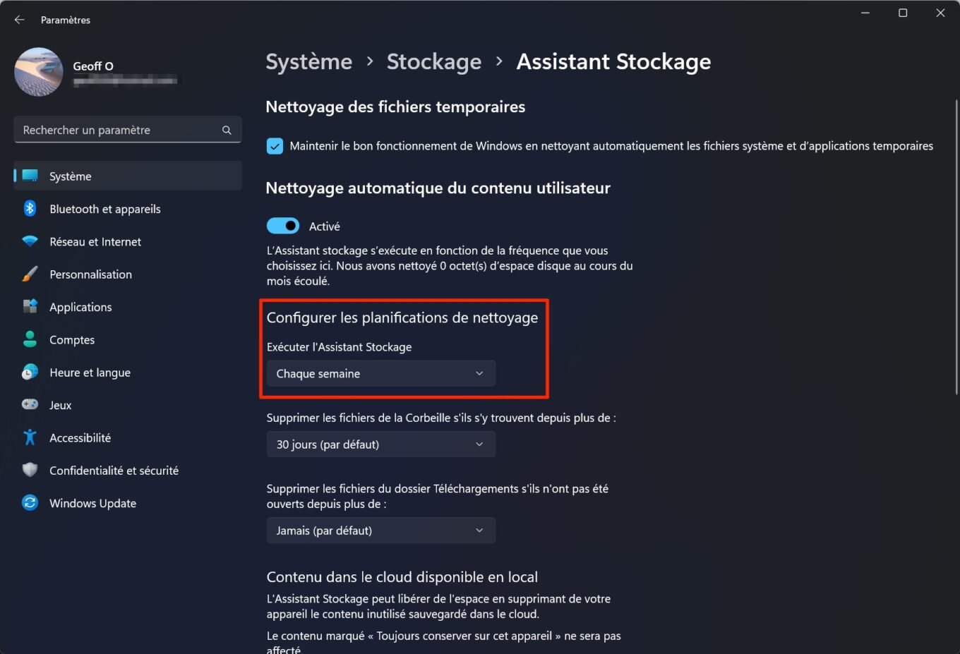 Assistant Stockage Windows 11 