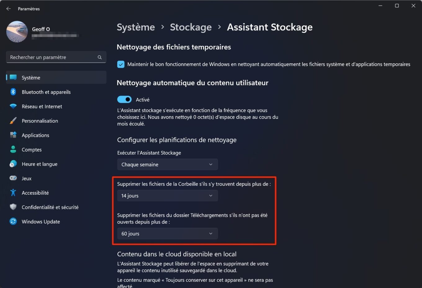 Assistant Stockage Windows 11 