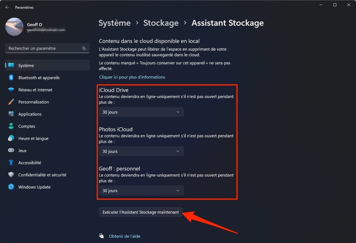 Assistant Stockage Windows 11 