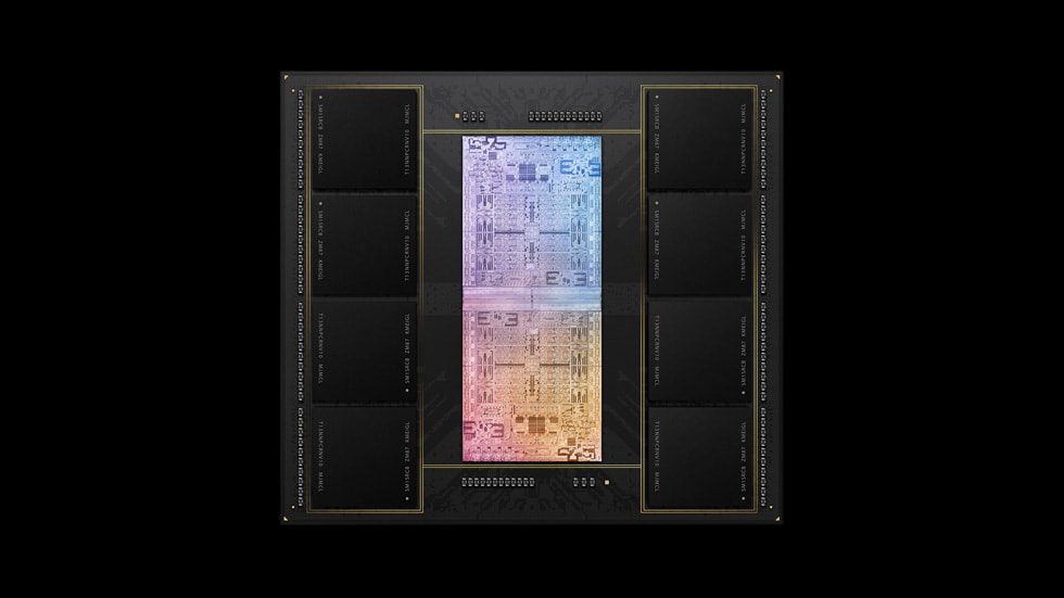 Dans un M1 Ultra comme ici, le gros de la surface de chacun des deux die est occupé par des cœurs GPU. Des cœurs non seulement en lien direct avec les cœurs CPU, mais aussi très proches d'une mémoire qu'ils partagent tous entre eux. Un atout qui offre des gains de performances dans de nombreuses applications. Et qui limite notablement la consommation énergétique. © Apple