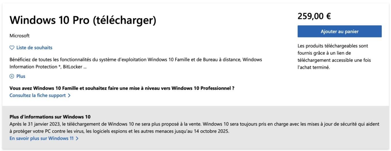 Microsoft Fin vente de Windows 10
