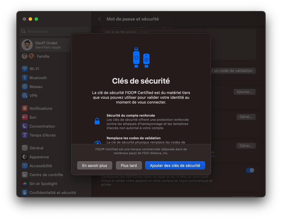 macOS Ventura 13.2 clé de sécurité physique