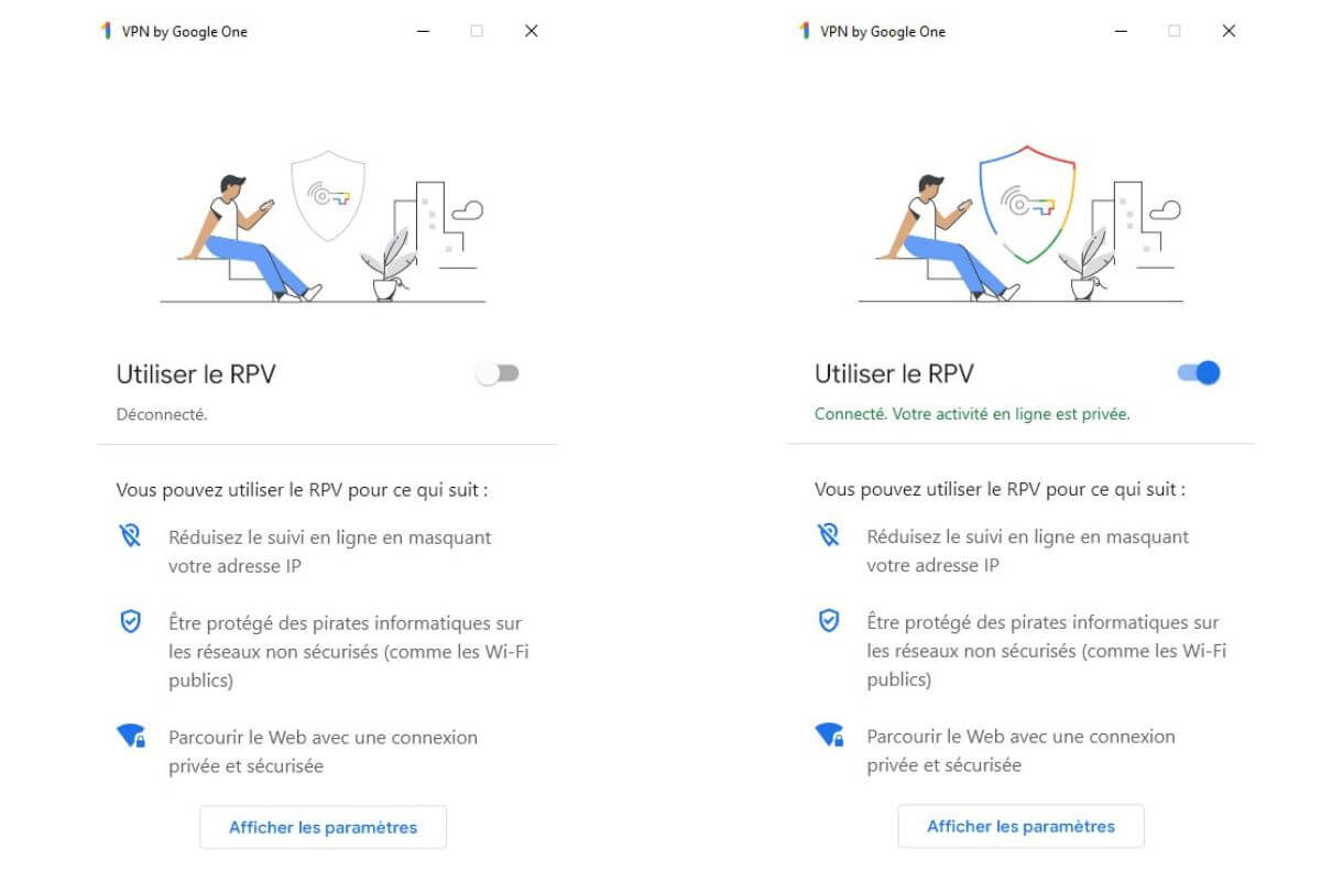 Interface du VPN Google One