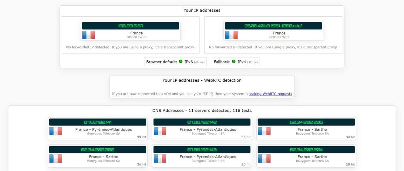 Test d'adresse IP avec le VPN Google One 