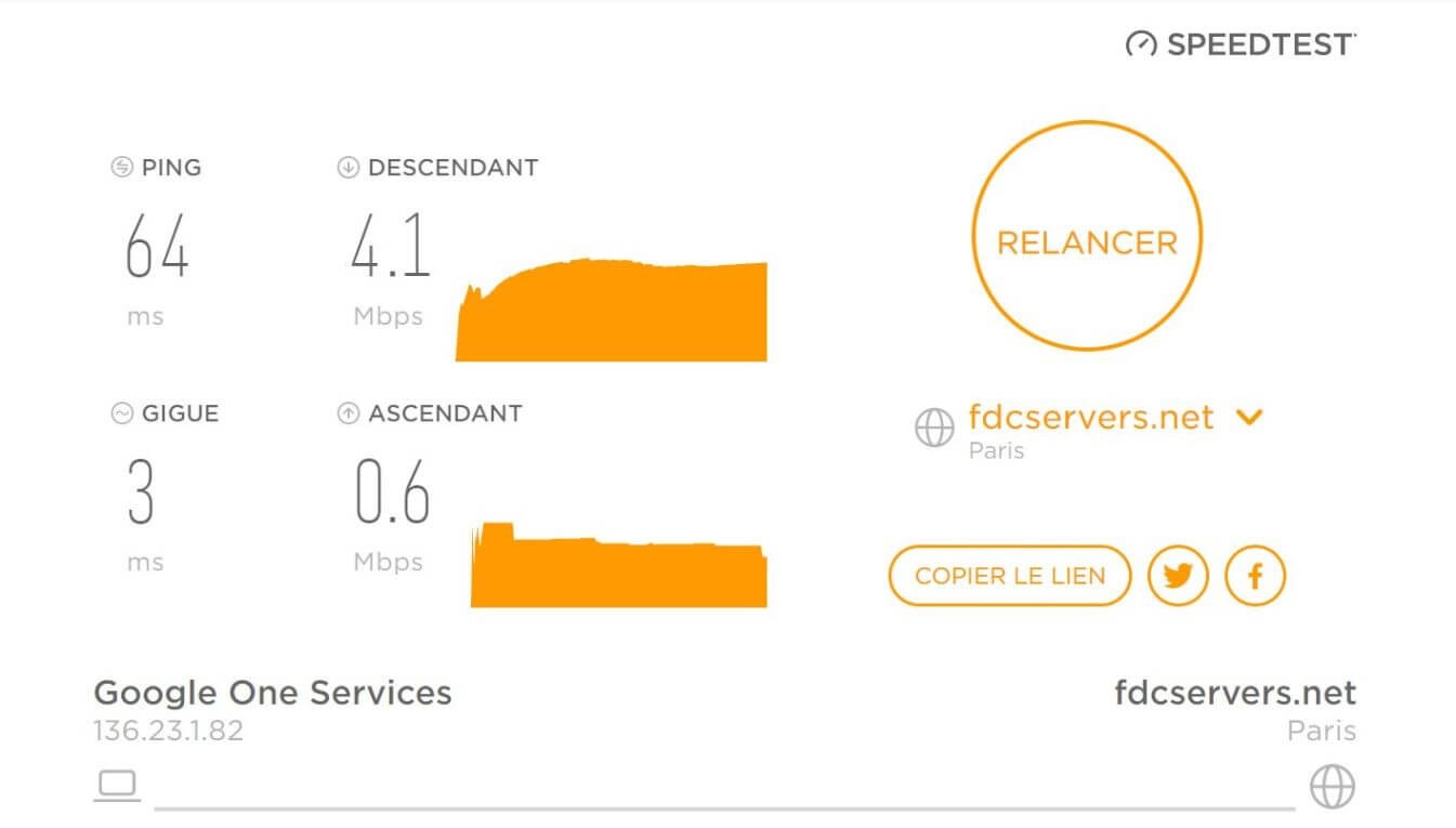 Test de vitesse de connexion avec le VPN Google One