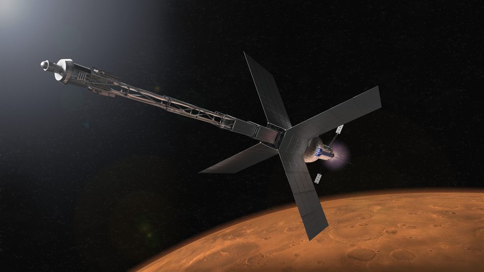 Vue d’artiste d’un vaisseau habitable à propulsion nucléaire capable de transporter une équipe entre la terre et mars. © Nasa